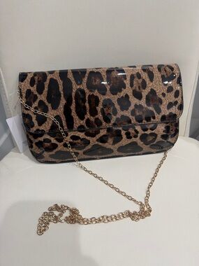 Leopard Print Patent Clutch with Gold Chain & magnet closure